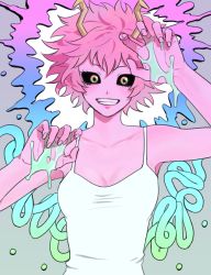Rule 34 | 10s, 1girl, antennae, ashido mina, bad id, bad twitter id, bare shoulders, black sclera, boku no hero academia, breasts, cleavage, colored sclera, colored skin, looking at viewer, pink hair, pink skin, short hair, slime (substance), solo, tank top, teeth, upper body, yellow eyes