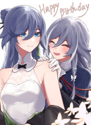 Rule 34 | 2girls, alternate costume, birthday, blue eyes, blush, bug, butterfly, closed eyes, closed mouth, dress, dual persona, english text, formal, fu hua, fu hua (herrscher of sentience), gloves, hair between eyes, hand on another&#039;s shoulder, happy, happy birthday, high ponytail, highres, honkai (series), honkai impact 3rd, insect, long sleeves, looking at another, multicolored hair, multiple girls, open mouth, simple background, sleeveless, sleeveless dress, smile, streaked hair, upper body, white background, white dress, white gloves, yunomi (yunomi hs)