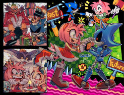 Rule 34 | 2girls, 3boys, 9474s0ul, amy rose, animal ears, big the cat, birthday, blush, boots, box, brown eyes, cake, candle, cat boy, cat ears, chao (sonic), cheese (sonic), child, clapping, closed eyes, commentary, copyright name, cream the rabbit, cubot, dr. eggman, dress, english commentary, facial hair, flower, food, furry, furry female, furry male, gift, gift box, gloves, green eyes, happy, hat, highres, holding, holding gift, holding hands, long sleeves, looking at another, metal sonic, multiple boys, multiple girls, mustache, open mouth, orbot, party hat, toy hammer, rabbit ears, rabbit girl, rabbit tail, red dress, red eyes, red footwear, robot, short sleeves, sign, smile, sonic (series), sonic cd, sonic the hedgehog (classic), standing, standing on one leg, tail, teeth, white gloves