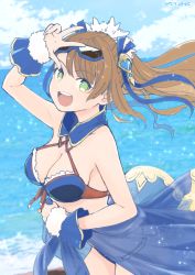 Rule 34 | 1girl, alternate costume, beatrix (granblue fantasy), bikini, breasts, brown hair, cleavage, cloud, cloudy sky, colorized, dated, day, front-tie bikini top, front-tie top, granblue fantasy, green eyes, hair ornament, motitoy, ocean, ponytail, sash, sky, smile, sparkle, sunglasses, swimsuit, w