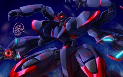 Rule 34 | arpeggio (src), blue background, fighting stance, ghost mk-ii, glowing, glowing eyes, highres, kyoukai senki, mecha, mecha request, no humans, red eyes, robot, solo, standing