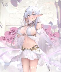 Rule 34 | 1girl, albion (azur lane), arm under breasts, azur lane, bare shoulders, bii bii (bronzeii002), blue eyes, blush, breast hold, breasts, bridal gauntlets, center opening, cowboy shot, elbow gloves, elf, flower, gloves, gold trim, hair ornament, highres, jewelry, large breasts, long hair, looking at viewer, miniskirt, navel, open mouth, pink flower, pink rose, pointy ears, revealing clothes, ring, rose, see-through, skirt, solo, standing, stomach, very long hair, wedding ring, white gloves, white hair, white skirt