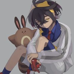 Rule 34 | 1boy, black hair, collared shirt, creatures (company), crossed bangs, donguri png, game freak, gen 2 pokemon, gloves, grey background, hair between eyes, highres, holding, holding poke ball, hugging own legs, jacket, kieran (pokemon), long sleeves, looking at viewer, male focus, mole, mole on neck, multicolored hair, nintendo, partially fingerless gloves, poke ball, poke ball (basic), pokemon, pokemon (creature), pokemon sv, purple hair, red gloves, sentret, shirt, shoes, shorts, simple background, single glove, socks, solo, twitter username, yellow eyes