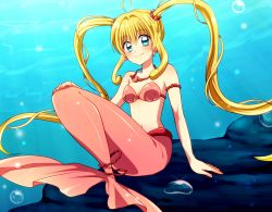 Rule 34 | 00s, 1girl, blonde hair, blue eyes, jewelry, long hair, lots of jewelry, mermaid, mermaid melody pichi pichi pitch, monster girl, nagura ata, nanami lucia, necklace, rock, sitting, twintails