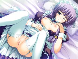 Rule 34 | 1girl, akatsuki no goei, anus, bed, blush, braid, breasts, cameltoe, clothes lift, green eyes, hair ribbon, highres, lace, lace-trimmed legwear, lace trim, lying, maid, maid headdress, nipples, no panties, on back, one eye closed, pillow, purple hair, pussy, ribbon, shirt lift, solo, thighhighs, tomose shunsaku, tsuki, tsuki (akatsuki no goei), twin braids, uncensored, white thighhighs, wink, wrist cuffs