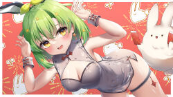 Rule 34 | 1girl, animal ears, arms up, bare shoulders, bent over, blush, breasts, china dress, chinese clothes, cleavage, copyright request, covered navel, cowboy shot, dress, green hair, grey dress, highres, medium breasts, official art, open mouth, rabbit ears, rabbit pose, red background, simple background, sleeveless, sleeveless dress, solo, sprout on head, thighs, umou (may65879), virtual youtuber