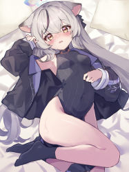 Rule 34 | 1girl, absurdres, animal ears, arm up, armpits, bed, black dress, black jacket, black socks, blue archive, blush, breasts, brown eyes, china dress, chinese clothes, covered navel, dress, grey hair, highres, jacket, kokona (blue archive), long hair, lying, mola mola, multicolored hair, no shoes, off shoulder, on back, open mouth, pillow, sleeveless, sleeveless dress, small breasts, socks, solo, streaked hair, thighs, tiger ears, tiger girl, very long hair