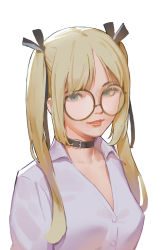 Rule 34 | 1girl, bespectacled, black ribbon, blonde hair, breasts, buttons, choker, collar, dead or alive, ears visible through hair, glasses, grin, hair ribbon, highres, looking at viewer, marie rose, parted lips, purple shirt, ribbon, round eyewear, shirt, smile, solo, timbougami, twintails