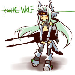 Rule 34 | 1girl, armor, armored boots, boots, elbow gloves, gloves, gun, holding, holding weapon, konig wolf, long hair, looking at viewer, machinery, mecha musume, silver hair, simple background, solo, standing, thigh boots, thighhighs, very long hair, weapon, white background, white gloves, zoids