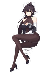Rule 34 | 1girl, azur lane, bare shoulders, black footwear, bodysuit, bow, breasts, brown pantyhose, cleavage, cleavage cutout, clothing cutout, collarbone, elbow gloves, full body, gloves, hair bow, hair flaps, high heels, large breasts, leotard, long hair, looking at viewer, pantyhose, parted lips, ponytail, race queen, simple background, solo, takao (azur lane), takao (full throttle charmer) (azur lane), thighs, unel, very long hair, white background, yellow eyes