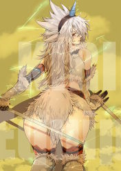 Rule 34 | 1girl, akishima kei, all fours, ass, bad id, bad pixiv id, capcom, elbow gloves, gloves, hairband, horns, kirin (armor), long hair, looking back, monster hunter (series), single horn, solo, sword, thighhighs, weapon, white hair, yellow eyes