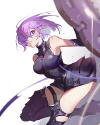 Rule 34 | 1girl, armor, armored dress, asymmetrical bangs, bare shoulders, battle, black dress, black gloves, black thighhighs, boobplate, boots, breastplate, breasts, character name, commentary, determined, dress, elbow gloves, english text, engrish text, fate/grand order, fate (series), foot out of frame, gloves, greaves, hair over one eye, highres, holding, holding shield, knee up, large breasts, leaning forward, looking at viewer, mash kyrielight, purple hair, ranguage, shield, short dress, short hair, simple background, solo, standing, standing on one leg, thick thighs, thigh boots, thigh strap, thighhighs, thighs, white background, ziyi yoyi