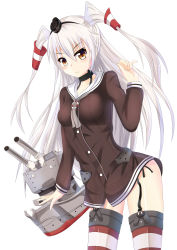 Rule 34 | 10s, 1girl, absurdres, amatsukaze (kancolle), brown eyes, dress, garter straps, gloves, highres, kantai collection, long hair, looking at viewer, nugi (armenci), personification, rensouhou-kun, sailor dress, school uniform, serafuku, short dress, silver hair, striped clothes, striped thighhighs, thighhighs, twintails, two side up