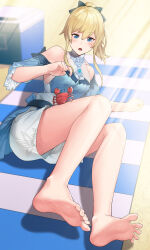 Rule 34 | 1girl, arka91, arm support, bare legs, bare shoulders, barefoot, beach, beach towel, blonde hair, blue eyes, blue shirt, blurry, blurry background, blush, bow, breasts, collarbone, commentary request, crab, day, detached sleeves, feet, foot focus, foreshortening, full body, genshin impact, hair between eyes, hair bow, high-waist shorts, highres, jean (genshin impact), jean (sea breeze dandelion) (genshin impact), korean commentary, legs, long hair, medium breasts, official alternate costume, on ground, outdoors, ponytail, shirt, short shorts, shorts, sidelocks, soles, solo, spread toes, toenails, toes, towel, white shorts