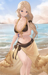 Rule 34 | 1girl, beach, bikini, blonde hair, blue eyes, blue sky, breasts, brown bikini, cleavage, collarbone, commentary request, feet out of frame, fire emblem, fire emblem: three houses, fire emblem heroes, haru (nakajou-28), highres, large breasts, long hair, looking at viewer, mercedes von martritz, mercedes von martritz (summer), navel, nintendo, ocean, official alternate costume, outdoors, parted lips, sarong, sky, solo, standing, stomach, swimsuit, thighs, water
