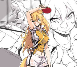 Rule 34 | 1girl, animal ears, arms up, blonde hair, breasts, comic, contrapposto, denchuubou, female focus, green eyes, hair between eyes, large breasts, long hair, looking at viewer, multiple views, navel, original, paddle, partially colored, pointing, shirt, shorts, smile, standing, table tennis, table tennis paddle, tail, tied shirt, wet, wet clothes, wiping sweat, wolf ears, wolf tail