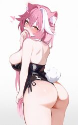 1girl alternate_costume animal_ear_fluff animal_ears ass ass_focus black_leotard blush breasts commentary detached_collar fake_animal_ears fake_tail highres hololive hololive_english huge_ass koahri large_breasts leotard long_hair looking_at_viewer multicolored_hair no_tail open_mouth panther_ears panther_girl pink_hair playboy_bunny rabbit_ears rabbit_tail raora_panthera simple_background solo strapless strapless_leotard streaked_hair tail virtual_youtuber white_background yellow_eyes