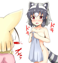 Rule 34 | 10s, 2girls, aikawa ryou, animal ears, black hair, blonde hair, blood, blush, breasts, collarbone, commentary request, common raccoon (kemono friends), extra ears, fennec (kemono friends), fox ears, grey hair, highres, kemono friends, looking at another, medium breasts, multicolored hair, multiple girls, nosebleed, nude, open mouth, raccoon ears, raccoon tail, red eyes, short hair, simple background, striped tail, tail, towel, white background, white hair, yuri