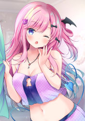 Rule 34 | 1girl, ;o, bare arms, bare shoulders, black bow, blue eyes, bow, breasts, camisole, cleavage, cleavage cutout, clothing cutout, collarbone, commentary request, crop top, demon tail, fang, gradient hair, hair bow, hair ornament, hands up, highres, jewelry, long hair, looking at viewer, masayo (gin no ame), medium breasts, midriff, multicolored hair, nail polish, navel, necklace, one eye closed, one side up, open mouth, original, pink hair, pink shirt, polka dot, shirt, sleeveless, sleeveless shirt, solo, spaghetti strap, stomach, strap slip, tail, upper body