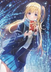 Rule 34 | 1girl, absurdres, bag, black jacket, blazer, blonde hair, blue eyes, blue ribbon, blue scarf, blue skirt, blush, bow, box, chitose-kun wa ramune bin no naka, cowboy shot, dutch angle, earrings, floating hair, gift, gift box, hair ribbon, hands up, highres, hiiragi yuuko, holding, holding gift, jacket, jewelry, long hair, long sleeves, looking at viewer, miniskirt, official art, one side up, open clothes, open jacket, outdoors, plaid, plaid skirt, pleated skirt, ribbon, scarf, school bag, school uniform, second-party source, shirt, shirt tucked in, skirt, snowing, solo, stud earrings, weee (raemz)