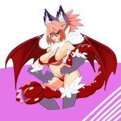 Rule 34 | 1girl, animal ear fluff, animal ears, animal hands, artist request, bat wings, bikini, blush, breasts, claws, cleavage, grin, large breasts, manticore (monster girl encyclopedia), midriff, monster girl, monster girl encyclopedia, sideboob, simple background, smile, smug, solo, swimsuit, tail, thighs, underboob, wings