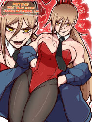 Rule 34 | 1girl, animal ears, blonde hair, blush, breasts, chainsaw man, demon, demon girl, demon horns, detached collar, english text, eye contact, highres, horns, large breasts, leotard, long hair, looking at another, looking at viewer, mark gavatino, pantyhose, playboy bunny, power (chainsaw man), rabbit ears, sharp teeth, standing, teeth, thick thighs, thighs