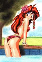 Rule 34 | 1girl, arm support, ass, bikini, bracelet, braid, breasts, covered erect nipples, day, earrings, expressionless, flower, from behind, from side, hair flower, hair ornament, james bender, jewelry, lina inverse, long hair, looking back, medium breasts, non-web source, red bikini, red eyes, red hair, side braid, slayers, solo, swimsuit, wading, water
