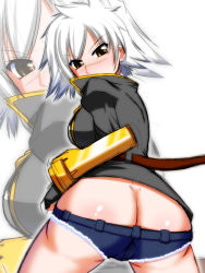 Rule 34 | 1girl, arc system works, ass, backboob, belt, blazblue, breasts, brown eyes, bullet (blazblue), butt crack, fingerless gloves, from behind, gloves, huge ass, jacket, large breasts, looking at viewer, looking back, scar, short hair, short shorts, shorts, solo, turning head, white hair, yasha (artist)