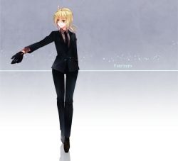 Rule 34 | 1girl, ahoge, artoria pendragon (all), artoria pendragon (fate), bad id, bad pixiv id, black gloves, blonde hair, fate/stay night, fate/zero, fate (series), formal, gloves, green eyes, highres, long hair, mizuyu, necktie, pant suit, pants, ponytail, saber (fate), solo, suit