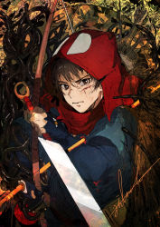 Rule 34 | 1boy, arrow (projectile), ashitaka, blood, blood on face, blue shirt, bow (weapon), brown eyes, brown hair, closed mouth, commentary, cuts, grimace, highres, hiranko, holding, holding bow (weapon), holding sword, holding weapon, hood, impaled, injury, looking at viewer, mononoke hime, quiver, red hood, reverse grip, scabbard, sheath, shirt, short hair, signature, solo, straw cape, sword, unsheathed, upper body, weapon