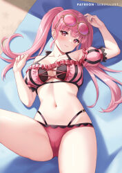 Rule 34 | 1girl, bikini, blush, breasts, cleavage, commentary request, fire emblem, fire emblem: three houses, fire emblem heroes, hilda valentine goneril, hilda valentine goneril (summer), large breasts, long hair, looking at viewer, lying, navel, nintendo, official alternate costume, on back, partially visible vulva, patreon username, pink bikini, pink hair, red eyes, round eyewear, sebu illust, smile, solo, sunglasses, swimsuit, twintails