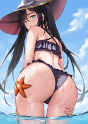 Rule 34 | 1girl, absurdres, alternate costume, ass, ass focus, back, bare arms, bare shoulders, bikini, black hair, blue sky, blush, cameltoe, cowboy shot, day, frilled bikini, frills, from behind, genshin impact, gold trim, green eyes, hand on own thigh, hat, highres, long hair, looking at viewer, looking back, mona (genshin impact), outdoors, partially underwater shot, purple bikini, purple hat, raised eyebrows, skai kun, sky, starfish, swept bangs, swimsuit, thighs, twintails, wading, water, wet, witch hat