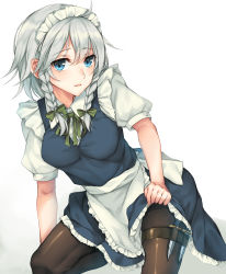 Rule 34 | 1girl, apron, black pantyhose, blue eyes, braid, breasts, clothes lift, artistic error, extra digits, gradient background, highres, holster, izayoi sakuya, knife, lifting own clothes, looking at viewer, maid, maid apron, maid headdress, pantyhose, rinarisa, silver hair, skirt, skirt lift, solo, thigh holster, touhou, twin braids, waist apron