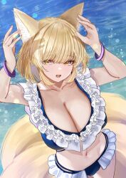 Rule 34 | 1girl, animal ears, bikini, blonde hair, bracelet, breasts, cleavage, commentary, fox ears, fox girl, fox tail, frilled bikini, frills, groin, highres, huge breasts, jewelry, kitsune, large breasts, looking at viewer, multiple tails, navel, ocean, open mouth, outdoors, sarasadou dan, short hair, smile, solo, standing, swimsuit, tail, touhou, yakumo ran, yellow eyes