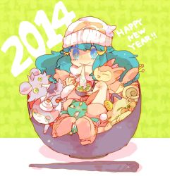 Rule 34 | 1girl, 2014, beanie, blue eyes, blue hair, boots, bowl, chopsticks, closed mouth, colored eyelashes, creatures (company), dawn (pokemon), espurr, food, fruit, game freak, gen 1 pokemon, gen 2 pokemon, gen 3 pokemon, gen 4 pokemon, gen 6 pokemon, glameow, hair ornament, happy new year, hat, holding, holding bowl, holding chopsticks, in bowl, in container, katiko, long hair, meowth, new year, nintendo, orange (fruit), pink footwear, pokemon, pokemon (creature), pokemon dppt, pokemon platinum, scarf, skitty, smile, sneasel, white headwear, white scarf