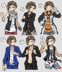 Rule 34 | 1boy, absurdres, alternate costume, belt, black coat, black jacket, black vest, blue jacket, brown hair, butterfly necklace, coat, crossed arms, ear piercing, earrings, closed eyes, furesawa tousai, grey scarf, highres, hood, hoodie, jacket, jewelry, long coat, male focus, multicolored hair, necklace, no shirt, open clothes, open jacket, open mouth, orange hoodie, pants, pearl necklace, piercing, pinstripe pants, pinstripe pattern, plaid, plaid pants, scarf, shin subarashiki kono sekai, shirt, sleeves rolled up, smile, solo, solo focus, streaked hair, striped, subarashiki kono sekai, undercut, vest, watch, white shirt, wristband, wristwatch
