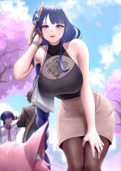 Rule 34 | 1girl, 2boys, alternate costume, animalization, arm up, armpits, bag, bare arms, bare shoulders, black pantyhose, black shirt, blue sky, braid, breasts, brown hair, brown skirt, cherry blossoms, cleavage, closed eyes, cloud, collared shirt, commentary, contemporary, day, earrings, english commentary, facing away, facing viewer, falling petals, flower, genshin impact, grin, hair flower, hair ornament, hand in own hair, hand on own head, hand on own thigh, highres, jewelry, large breasts, leaning forward, long hair, looking at viewer, low-braided long hair, low-tied long hair, mole, mole under eye, multiple boys, nail polish, necktie, outdoors, pantyhose, parted lips, pencil skirt, petals, pink fur, purple eyes, purple flower, purple hair, purple nails, raiden shogun, red necktie, rev60, ring, scaramouche (genshin impact), see-through, shirt, shirt tucked in, short hair, shoulder bag, single braid, skirt, sky, sleeveless, sleeveless turtleneck, smile, solo focus, swept bangs, teeth, thighs, tree, turtleneck, upper teeth only, very long hair, watch, white shirt, wristwatch, yae miko, yae miko (fox), zhongli (genshin impact)