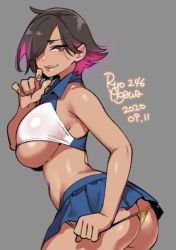 Rule 34 | 1girl, 2020, agawa ryou, artist name, ass, bare shoulders, black hair, breasts, commentary, dark skin, dark-skinned female, dated, from side, grey background, hair over one eye, large breasts, looking at viewer, looking back, multicolored hair, original, panties, panty pull, pink eyes, pink hair, short hair, signature, simple background, smile, solo, underboob, underwear