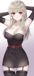 Rule 34 | 1girl, arm warmers, armpits, arms behind head, arms up, bare shoulders, belt, black dress, black thighhighs, breasts, cleavage, collarbone, commission, cowboy shot, dress, garter straps, highres, large breasts, long hair, looking at viewer, original, poho, red eyes, silver hair, sleeveless, sleeveless dress, solo, strapless, strapless dress, thigh gap, thighhighs, zettai ryouiki