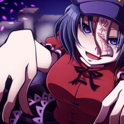 Rule 34 | 1girl, blue eyes, blue hair, blurry, blurry background, breasts, commentary, dress, evil smile, graveyard, hat, jiangshi, large breasts, miyako yoshika, ofuda, outstretched arms, puffy sleeves, red dress, shaded face, short hair, short sleeves, skirt, smile, solo, tombstone, tottsuman, touhou, upper body, zombie, zombie pose