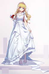 Rule 34 | 1girl, absurdres, alternate costume, arnold-s, bad id, bad pixiv id, blonde hair, blue eyes, bouquet, bow, breasts, bride, character request, cleavage, collarbone, commentary, dress, earrings, flower, full body, hair between eyes, high heels, highres, holding, holding bouquet, jewelry, long hair, looking at viewer, parted lips, red flower, see-through, shoes, small breasts, solo, standing, strapless, strapless dress, tiara, veil, very long hair, warship girls r, wedding dress, white bow, white dress, white footwear