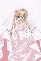 Rule 34 | 1girl, absurdres, bare shoulders, blonde hair, blush, breasts, bridal veil, bride, cleavage, collarbone, dress, flower, gloves, green eyes, hayate no gotoku!, highres, huge filesize, jewelry, long hair, looking at viewer, medium breasts, necklace, open mouth, sanzen&#039;in nagi, scan, solo, tiara, twintails, veil, wedding dress