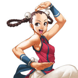 Rule 34 | 1girl, bell, bracer, braid, braided hair rings, breasts, brown eyes, chinese clothes, fatal fury, hair bell, hair ornament, hair rings, li xiangfei, open mouth, sash, small breasts, snk, solo, standing, standing on one leg, takoyaki neko-san, the king of fighters, the king of fighters xi, twin braids, upper body