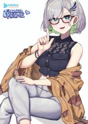 Rule 34 | 1girl, akaharuu, blouse, blush, braid, braided bangs, breasts, collared shirt, colored inner hair, commentary, cropped shirt, crossed legs, earrings, english commentary, feather hair ornament, feathers, glasses, green eyes, green hair, grey pants, hair behind ear, hair ornament, highres, hololive, hololive indonesia, jewelry, medium breasts, multicolored hair, pants, pavolia reine, pointing, pointing up, shawl, shirt, short hair, silver hair, sitting, sleeveless, sleeveless shirt, smile, solo, virtual youtuber