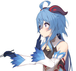 Rule 34 | 1girl, absurdres, ahoge, bare shoulders, bell, blue gloves, blue hair, blush, breasts, chopsticks, detached sleeves, from side, ganyu (genshin impact), genshin impact, gloves, gold trim, hand to own mouth, highres, holding, holding chopsticks, horns, long hair, looking to the side, low ponytail, neck bell, olive (laai), purple eyes, sidelocks, solo, upper body, white background, white sleeves