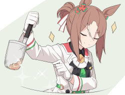 Rule 34 | 1girl, animal ears, black shirt, brown hair, closed eyes, closed mouth, collared shirt, fine motion (umamusume), gloves, green background, hair between eyes, hair bun, holding, horse ears, jacket, long sleeves, multicolored hair, noodle strainer, shirt, shiseki hirame, solo, sparkle, strainer, two-tone background, two-tone hair, umamusume, white background, white gloves, white hair, white jacket