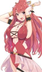 Rule 34 | 1girl, absurdres, akino (princess connect!), akino (summer) (princess connect!), black eyes, blush, breasts, character request, copyright request, ekaki kukuma, highres, jewelry, large breasts, long hair, navel, necklace, open mouth, red hair, simple background, solo, white background