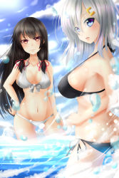 Rule 34 | 10s, 2girls, alternate costume, bare shoulders, bikini, black bikini, black hair, blue eyes, breasts, commentary request, hair ornament, hair over one eye, hairclip, hamakaze (kancolle), highres, isokaze (kancolle), kantai collection, large breasts, long hair, looking at viewer, multiple girls, navel, partially submerged, red eyes, seiya (iiseven), short hair, swimsuit, wading, white bikini, white hair