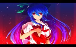 Rule 34 | 1girl, blue hair, bow, bowtie, dress, food, food-themed clothes, fruit, hair between eyes, hand up, hat, hat ribbon, highres, hinanawi tenshi, letterboxed, long hair, looking at viewer, nekominase, peach, puffy short sleeves, puffy sleeves, red eyes, ribbon, shirt, short sleeves, solo, touhou, upper body, very long hair, white shirt