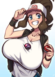 Rule 34 | 1girl, absurdres, alternate breast size, baseball cap, black vest, blue eyes, breasts, brown hair, creatures (company), curly hair, cutoffs, denim, denim shorts, game freak, grin, hat, high ponytail, highres, hilda (pokemon), huge breasts, long hair, looking at viewer, master ball, nikuatsu magician shinbo, nintendo, poke ball, pokemon, pokemon bw, shirt, short shorts, shorts, sidelocks, sleeveless, sleeveless shirt, smile, solo, tank top, vest, white shirt, wristband